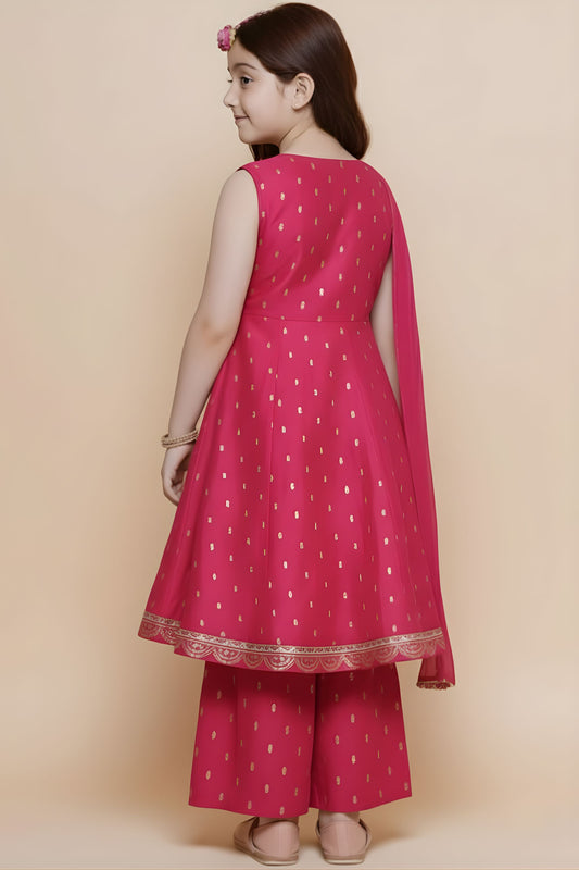 Charming Rani Pink Chanderi Silk Printed Anarkali Sharara Set for Girls with Dupatta