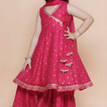 Charming Rani Pink Chanderi Silk Printed Anarkali Sharara Set for Girls with Dupatta