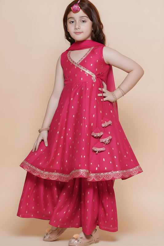 Charming Rani Pink Chanderi Silk Printed Anarkali Sharara Set for Girls with Dupatta