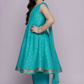 Stylish Rama Green Chanderi Silk Printed Anarkali Sharara Set for Girls with Dupatta