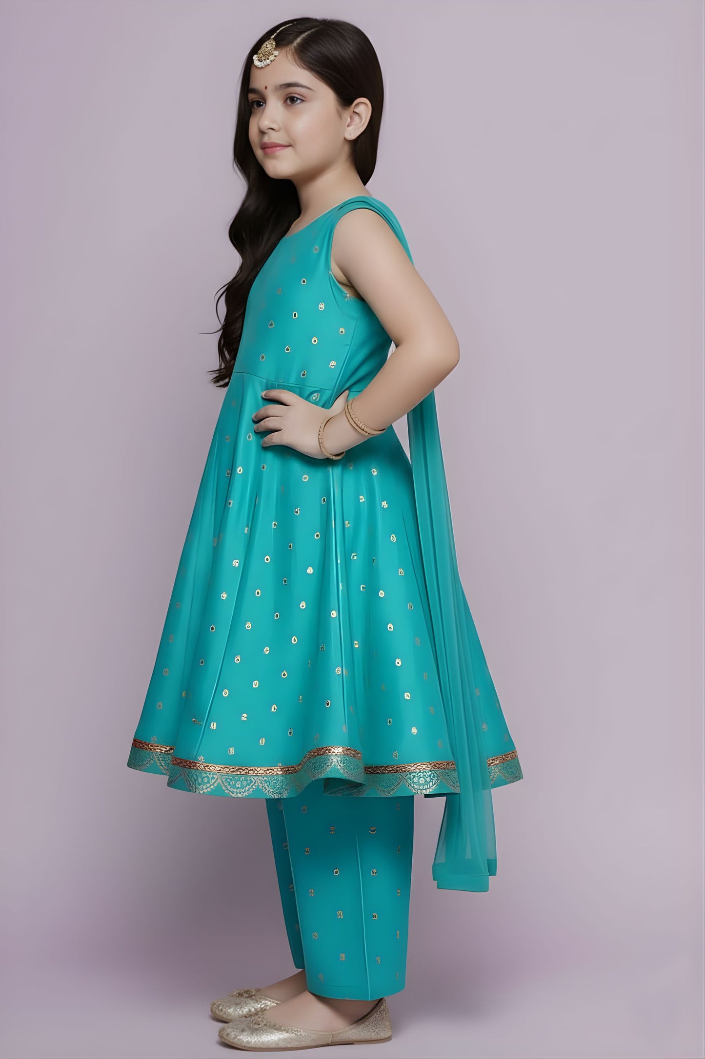Stylish Rama Green Chanderi Silk Printed Anarkali Sharara Set for Girls with Dupatta