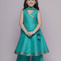 Stylish Rama Green Chanderi Silk Printed Anarkali Sharara Set for Girls with Dupatta