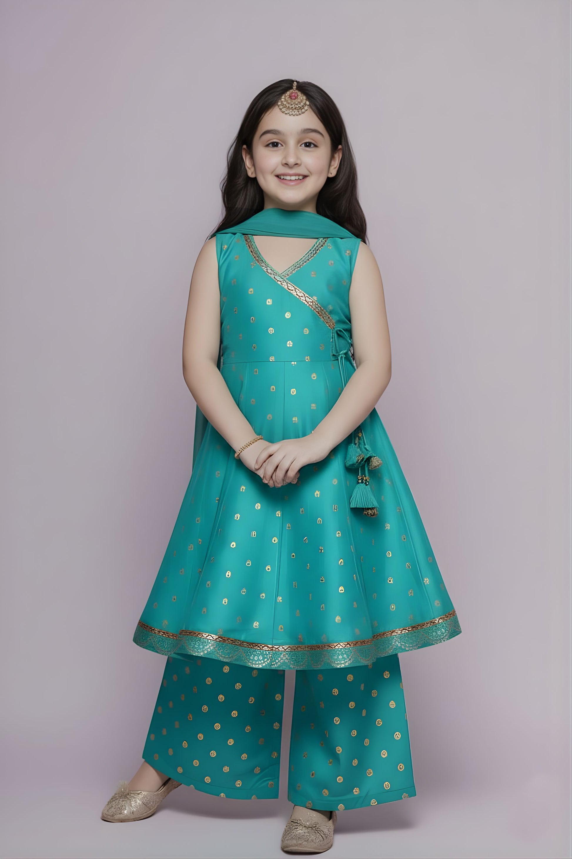 Stylish Rama Green Chanderi Silk Printed Anarkali Sharara Set for Girls with Dupatta