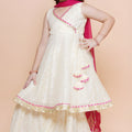 Trendy White Chanderi Silk Printed Anarkali Sharara Set for Girls with Dupatta