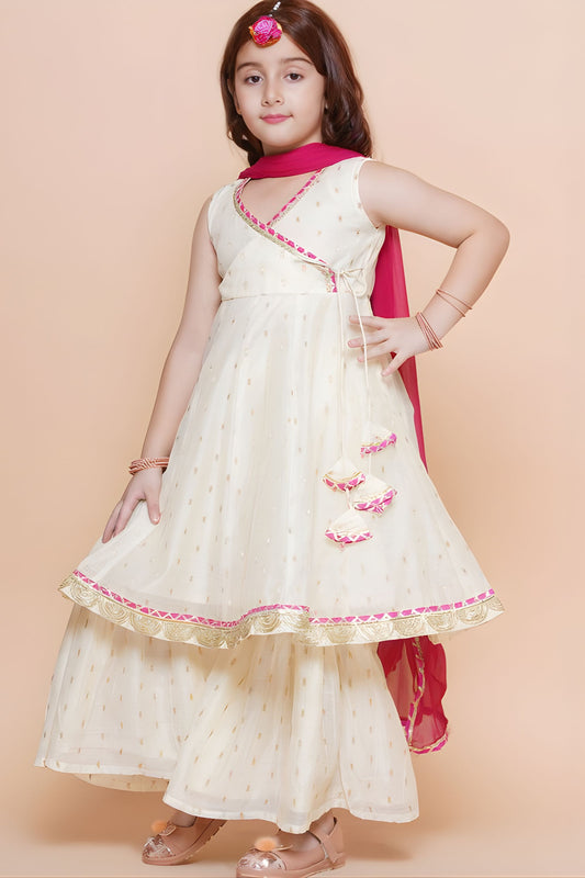 Trendy White Chanderi Silk Printed Anarkali Sharara Set for Girls with Dupatta