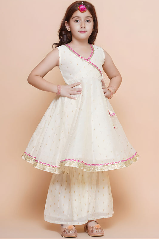 Trendy White Chanderi Silk Printed Anarkali Sharara Set for Girls with Dupatta