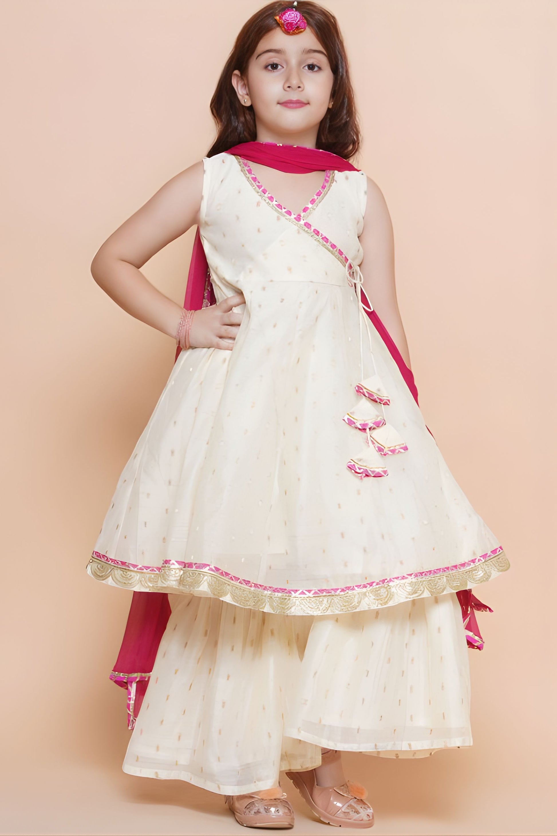 Trendy White Chanderi Silk Printed Anarkali Sharara Set for Girls with Dupatta