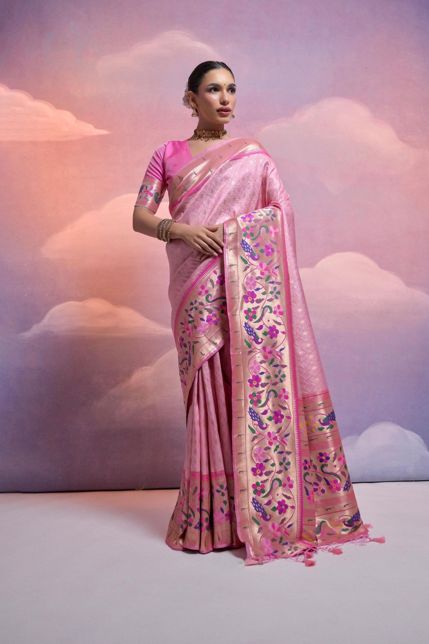 Pink Banarasi Silk Saree with Floral Meenakari Border Traditional Saree