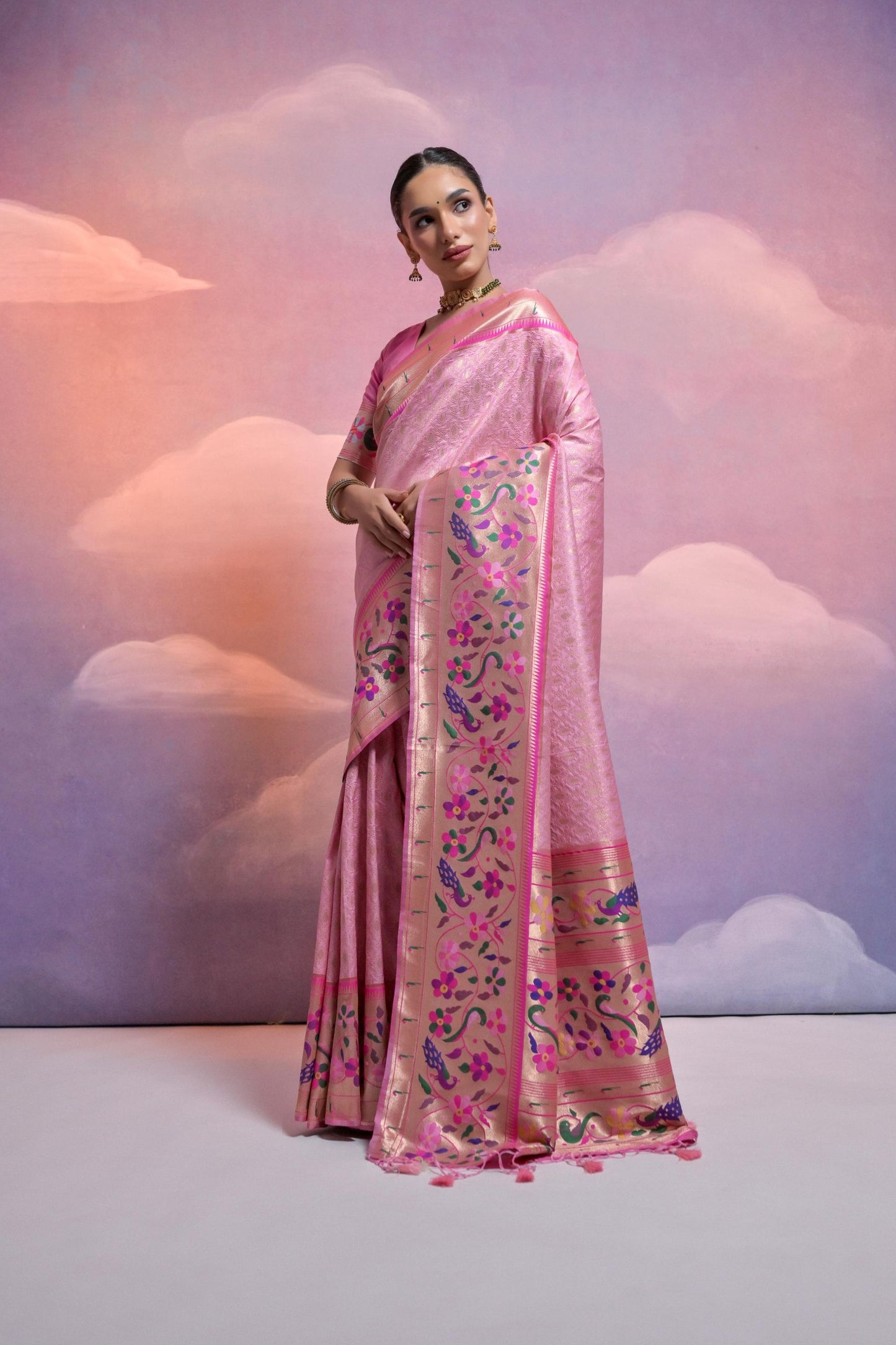 Pink Banarasi Silk Saree with Floral Meenakari Border Traditional Saree