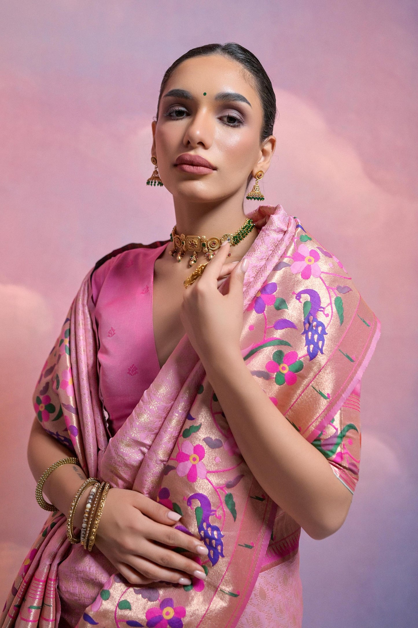 Pink Banarasi Silk Saree with Floral Meenakari Border Traditional Saree