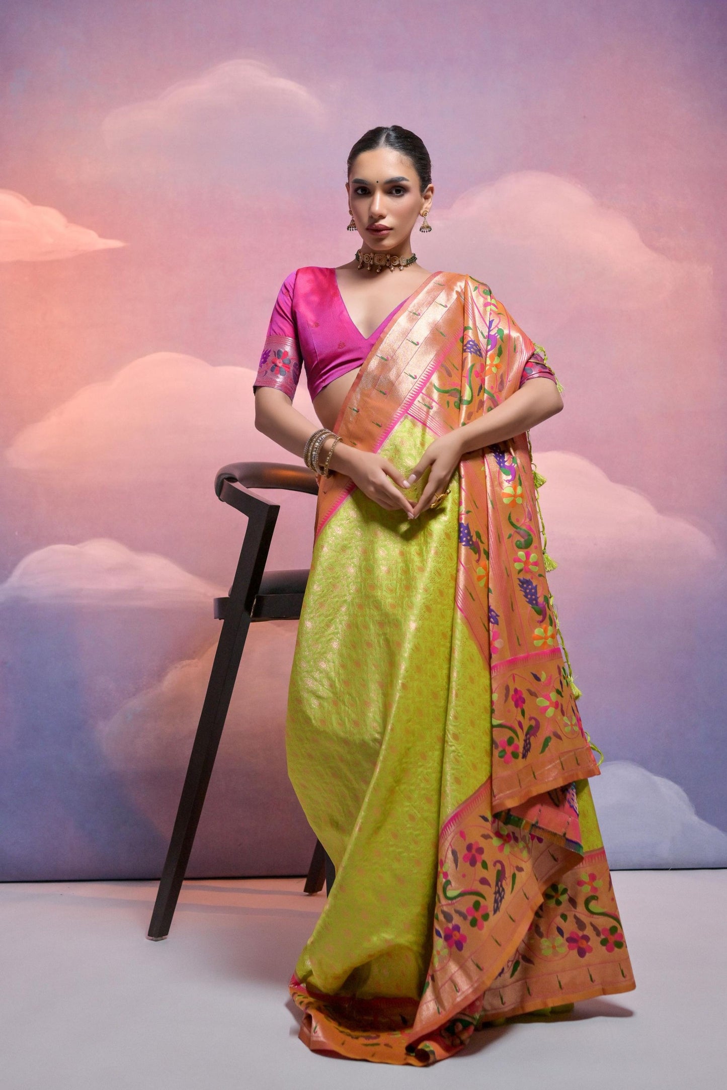 Lime Green Banarasi Silk Saree Floral Meenakari Border Traditional Saree