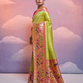 Lime Green Banarasi Silk Saree Floral Meenakari Border Traditional Saree