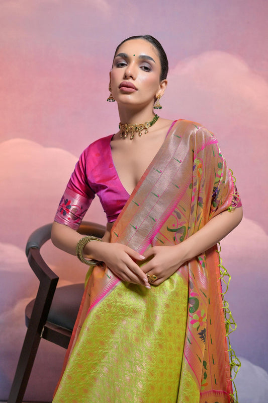 Lime Green Banarasi Silk Saree Floral Meenakari Border Traditional Saree