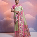 Mint Green Banarasi Silk Saree Pink Meenakari Border Traditional Saree