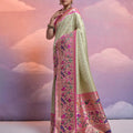 Mint Green Banarasi Silk Saree Pink Meenakari Border Traditional Saree