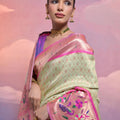 Mint Green Banarasi Silk Saree Pink Meenakari Border Traditional Saree