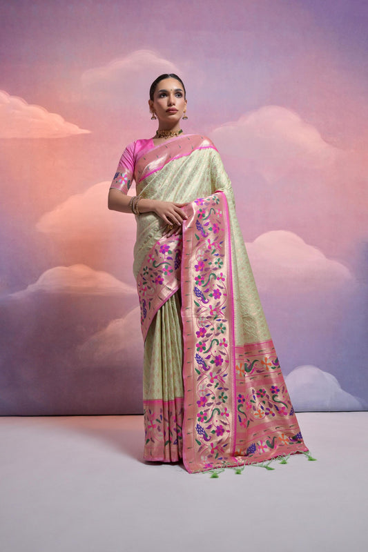 Mint Green Banarasi Silk Saree Pink Meenakari Border Traditional Saree