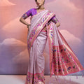 Onion White Banarasi Silk Saree Pink Meenakari Border Traditional Saree