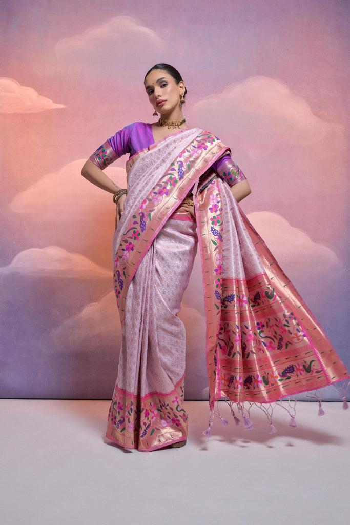 Onion White Banarasi Silk Saree Pink Meenakari Border Traditional Saree