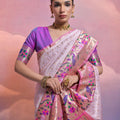 Onion White Banarasi Silk Saree Pink Meenakari Border Traditional Saree