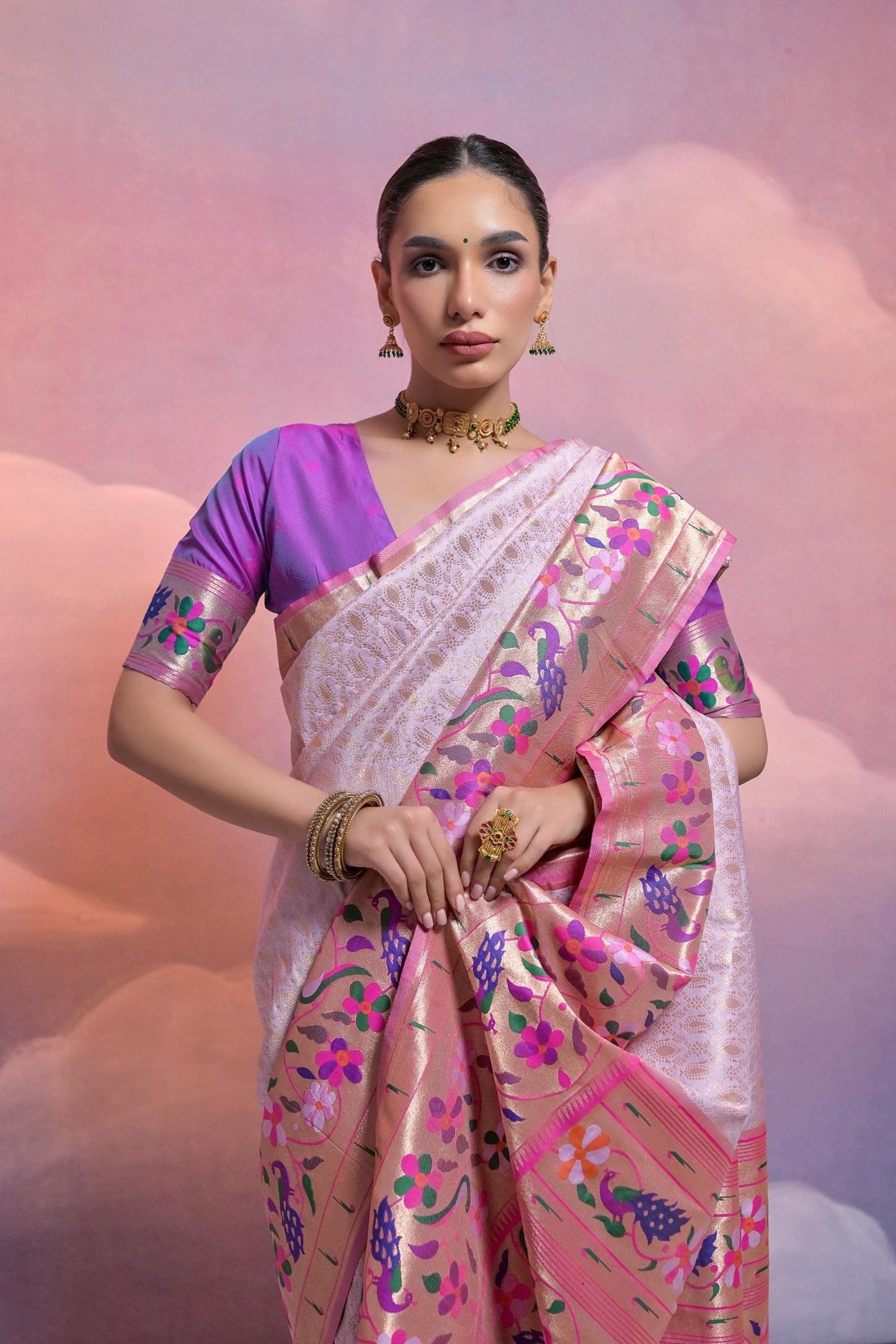 Onion White Banarasi Silk Saree Pink Meenakari Border Traditional Saree