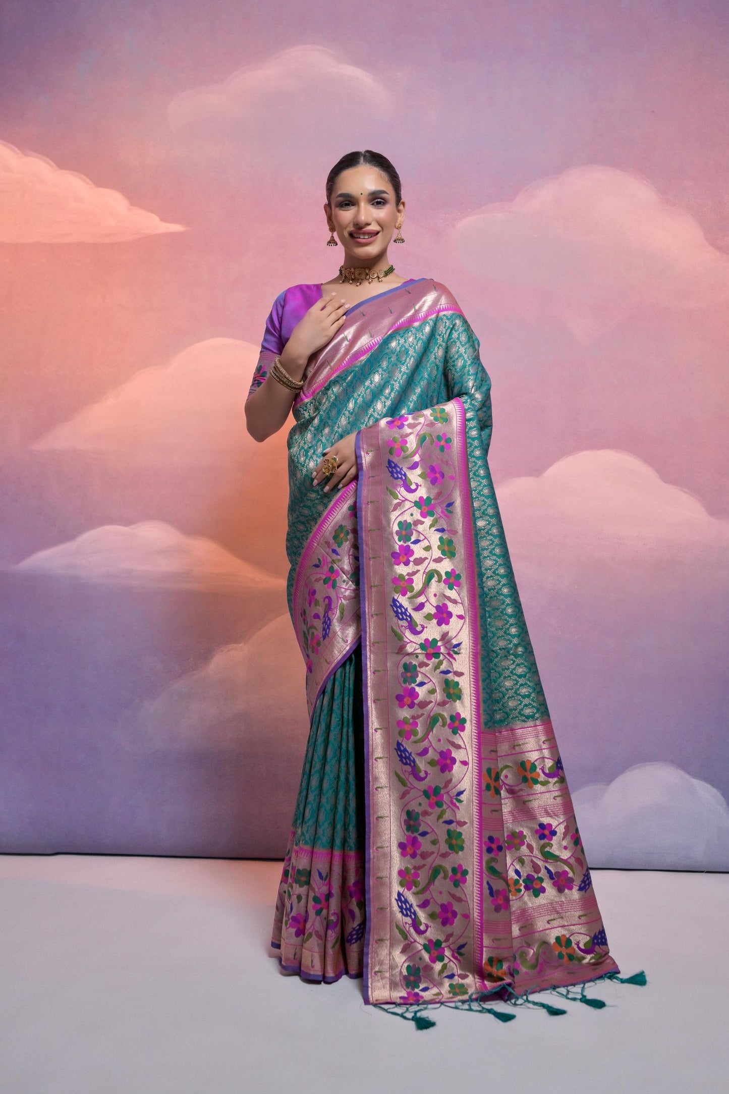 Teal Green Banarasi Silk Saree Pink Meenakari Border Traditional Saree