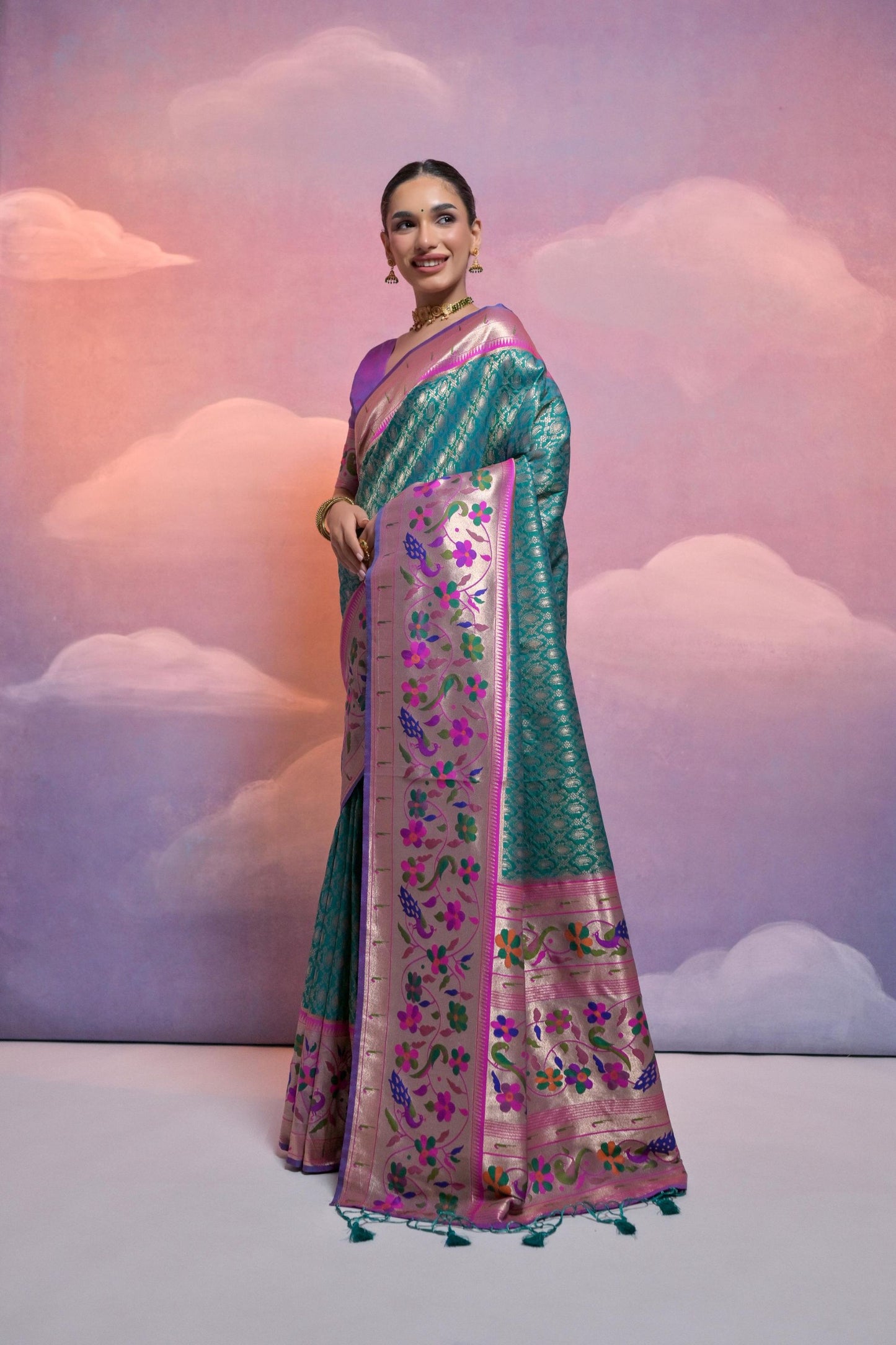 Teal Green Banarasi Silk Saree Pink Meenakari Border Traditional Saree