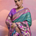 Teal Green Banarasi Silk Saree Pink Meenakari Border Traditional Saree
