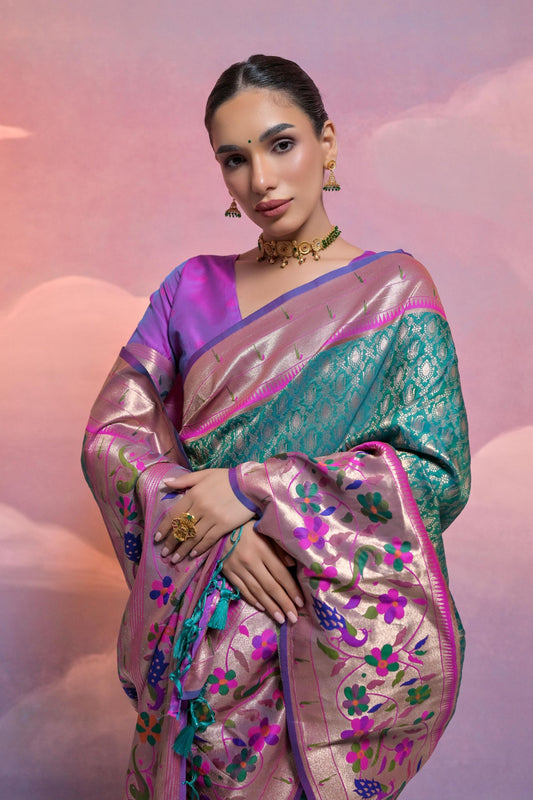 Teal Green Banarasi Silk Saree Pink Meenakari Border Traditional Saree