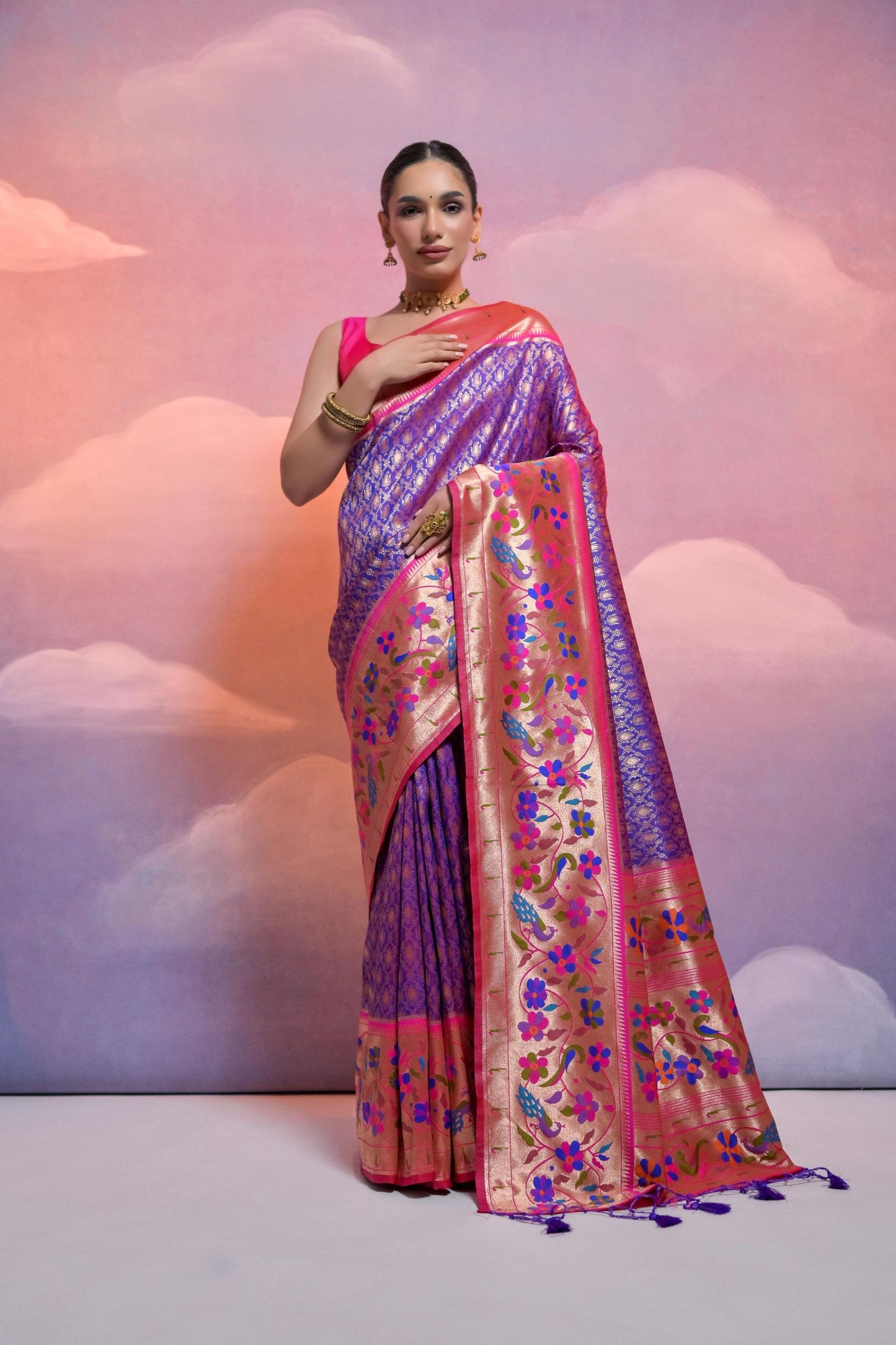Royal Purple Banarasi Silk Saree Pink Meenakari Border Traditional Saree