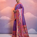 Royal Purple Banarasi Silk Saree Pink Meenakari Border Traditional Saree