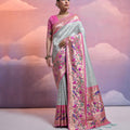 Sea Green Banarasi Silk Saree Pink Meenakari Border Traditional Saree