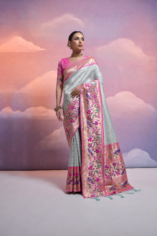 Sea Green Banarasi Silk Saree Pink Meenakari Border Traditional Saree