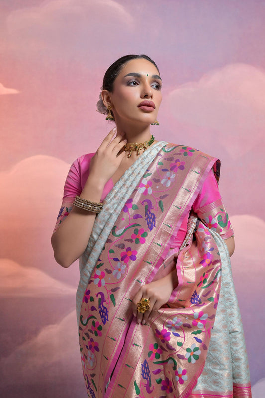 Sea Green Banarasi Silk Saree Pink Meenakari Border Traditional Saree