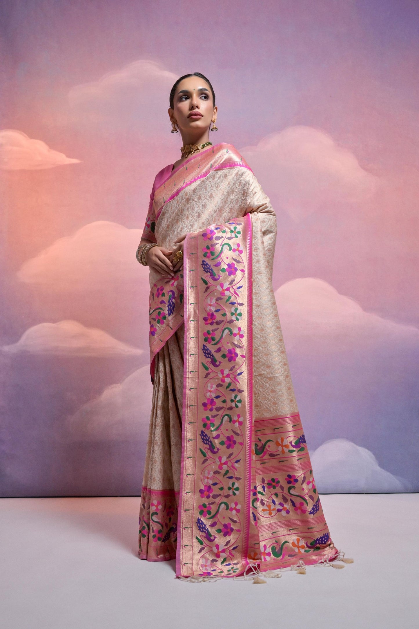 Beige Banarasi Silk Saree Pink Meenakari Border Traditional Saree