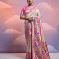  Beige Banarasi Silk Saree Pink Meenakari Border Traditional Saree