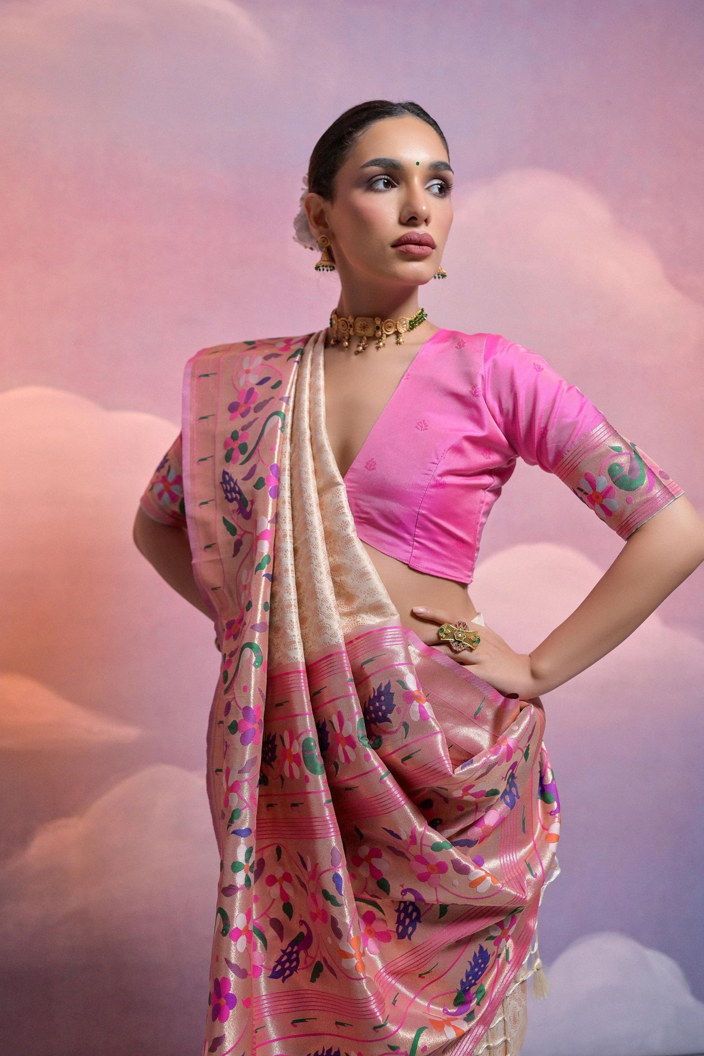 Beige Banarasi Silk Saree Pink Meenakari Border Traditional Saree
