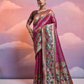 Wine Pink Banarasi Silk Saree Multicolour Border Traditional Saree 
