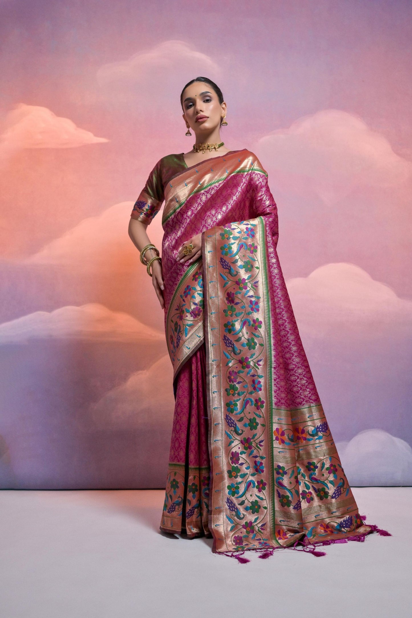 Wine Pink Banarasi Silk Saree Multicolour Border Traditional Saree 