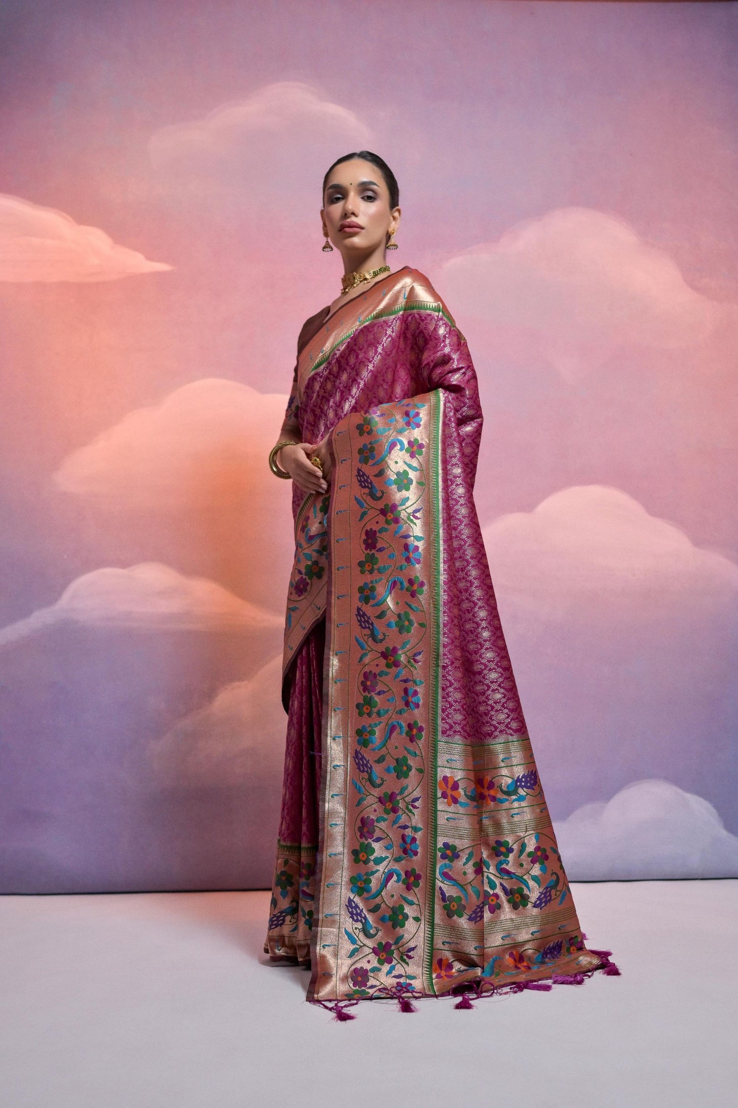 Wine Pink Banarasi Silk Saree Multicolour Border Traditional Saree