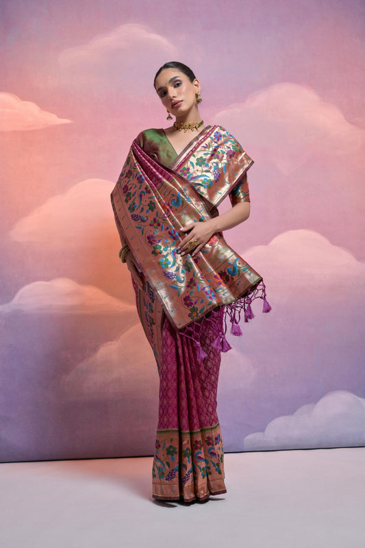 Wine Pink Banarasi Silk Saree Multicolour Border Traditional Saree