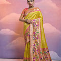 Yellow Handwoven Banarasi Silk Saree Pink Zari Border Traditional Saree