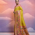 Yellow Handwoven Banarasi Silk Saree Pink Zari Border Traditional Saree