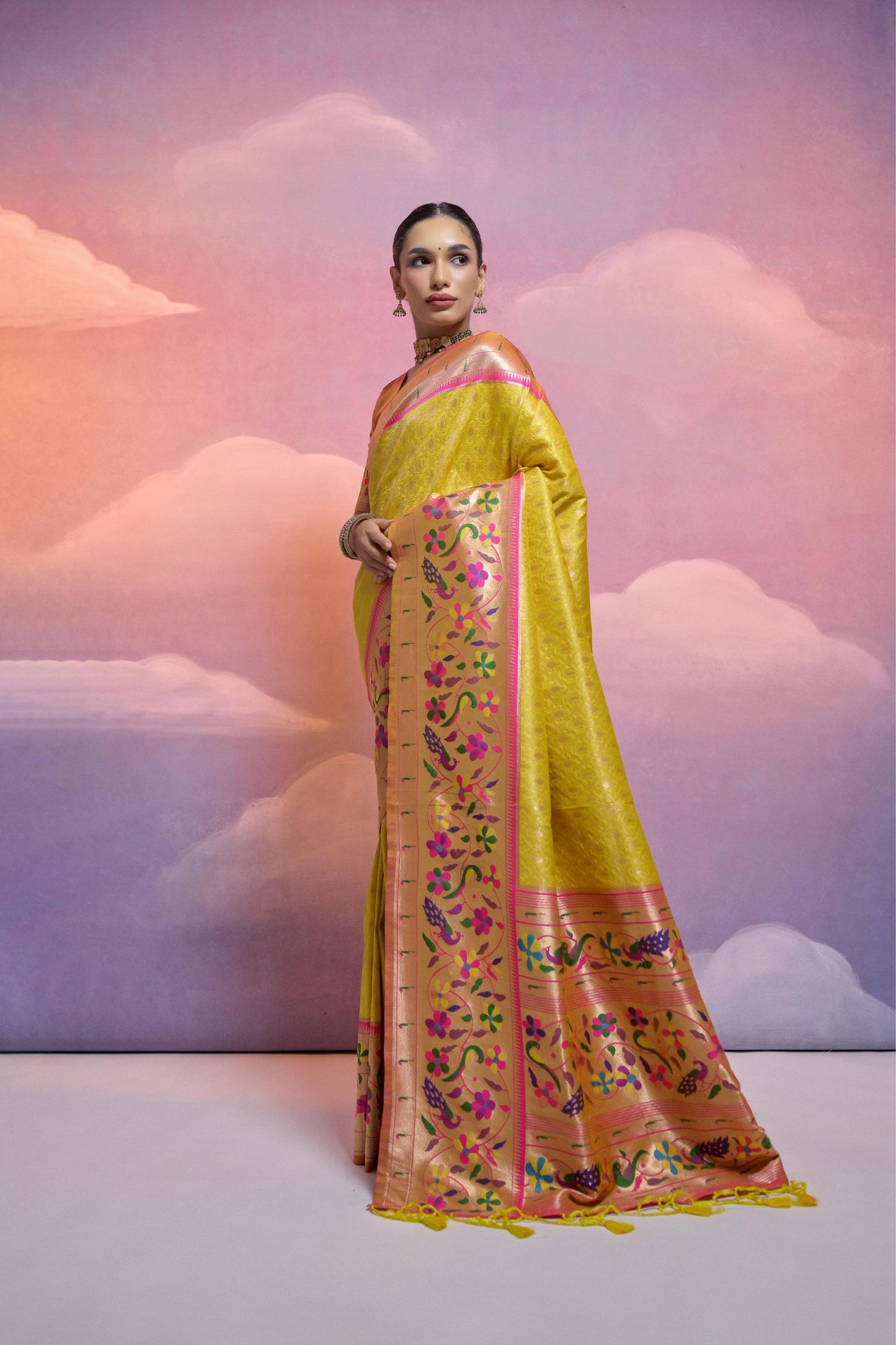 Yellow Handwoven Banarasi Silk Saree Pink Zari Border Traditional Saree