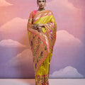 Yellow Handwoven Banarasi Silk Saree Pink Zari Border Traditional Saree