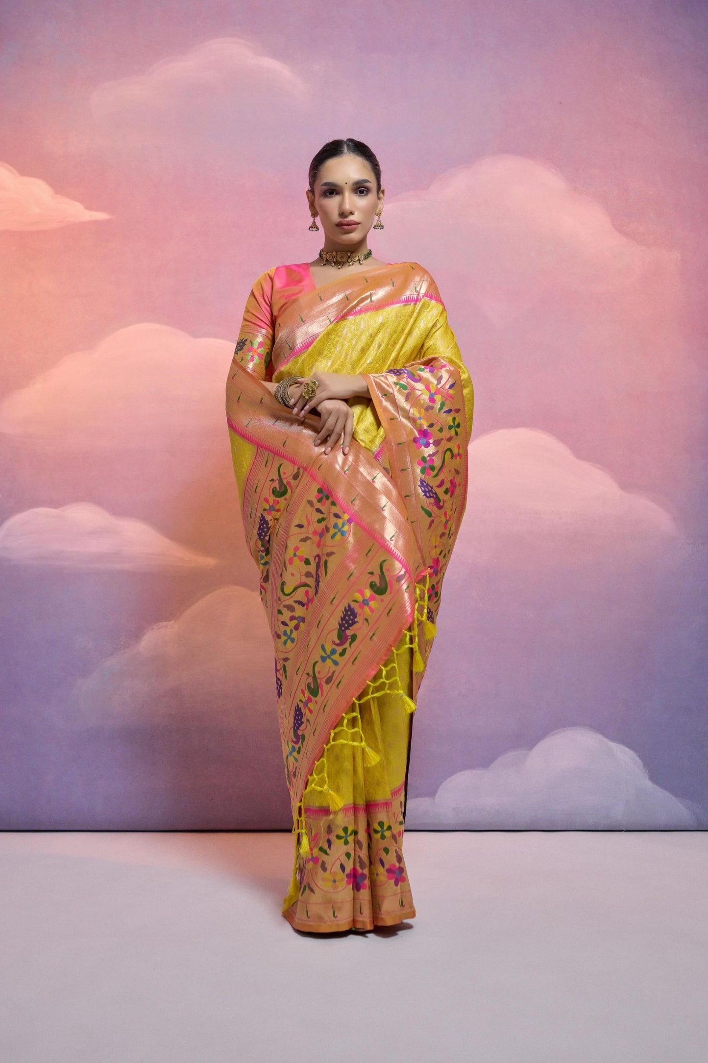 Yellow Handwoven Banarasi Silk Saree Pink Zari Border Traditional Saree