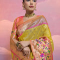 Yellow Handwoven Banarasi Silk Saree Pink Zari Border Traditional Saree