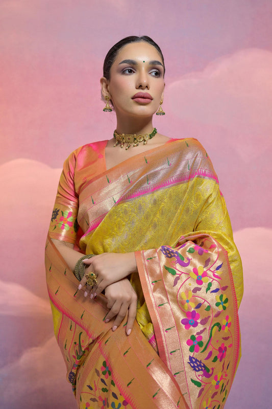 Yellow Handwoven Banarasi Silk Saree Pink Zari Border Traditional Saree