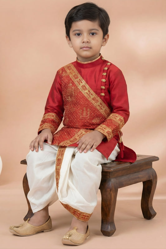 Royal Red Viscose Embroidered Kurta Dhoti Set with Golden Motifs For Kid