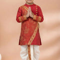 Royal Red Viscose Embroidered Kurta Dhoti Set with Golden Motifs For Kid